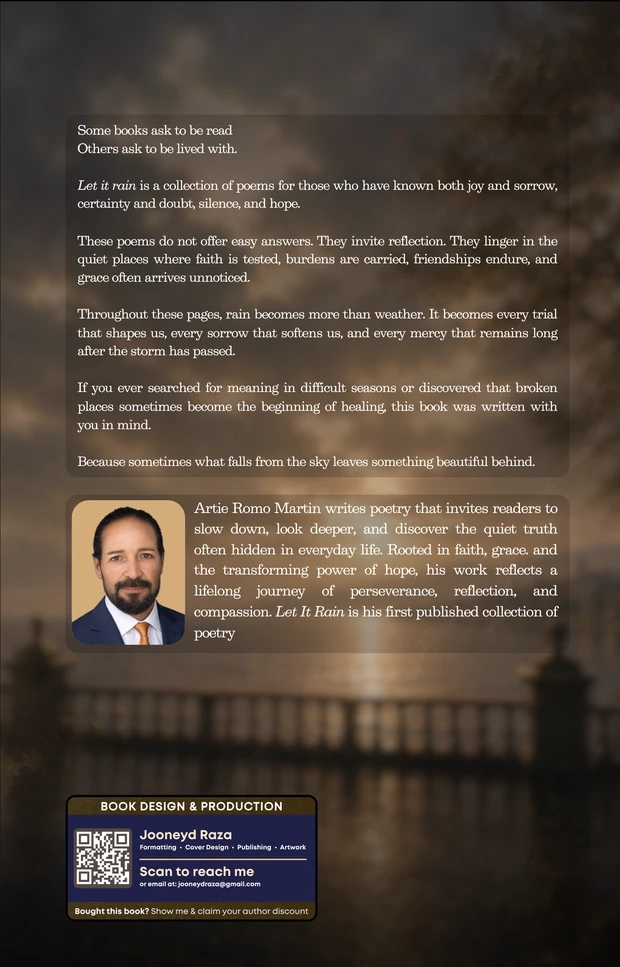 The back cover of Let It Rain, carrying the description of the collection, a short note about the author, and the ISBN.