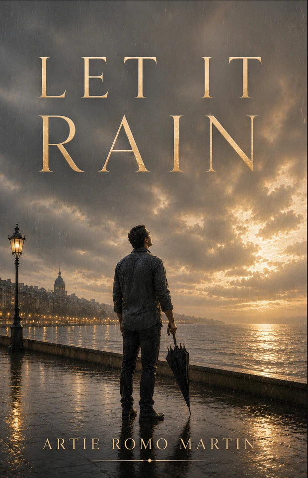 The front cover of Let It Rain. A man stands alone on a rain wet promenade at dusk, holding a closed umbrella, looking up at a sky breaking open into gold.
