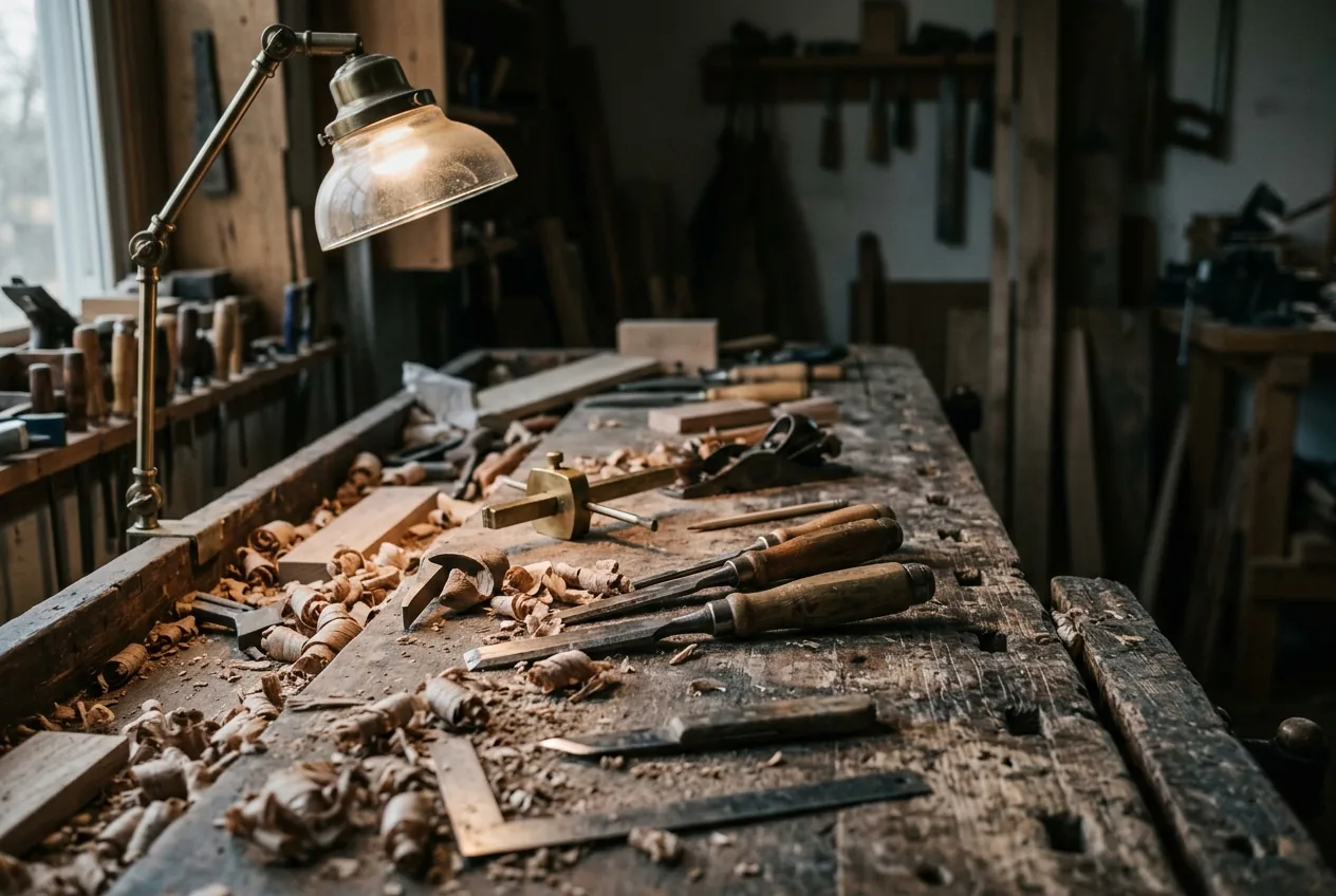 A workbench at the end of a day, offcuts and tools not yet tidied