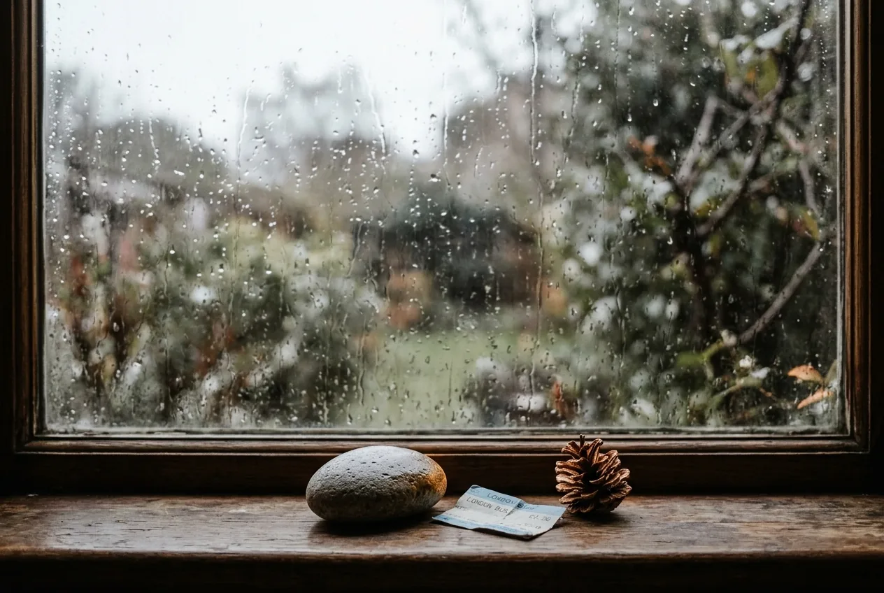 A window with rain on the outside and a windowsill of small collected objects on the inside: a stone, a ticket, a shell