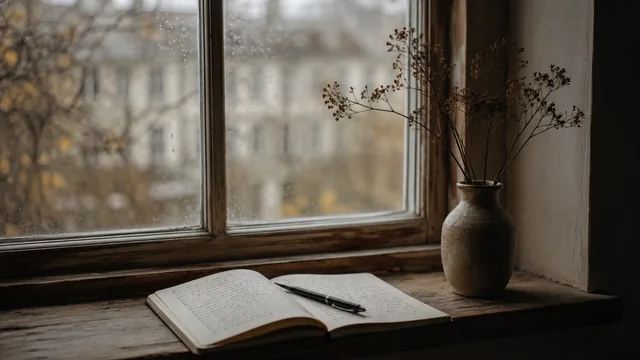 An open notebook and pen on a windowsill beside a vase of dried stems