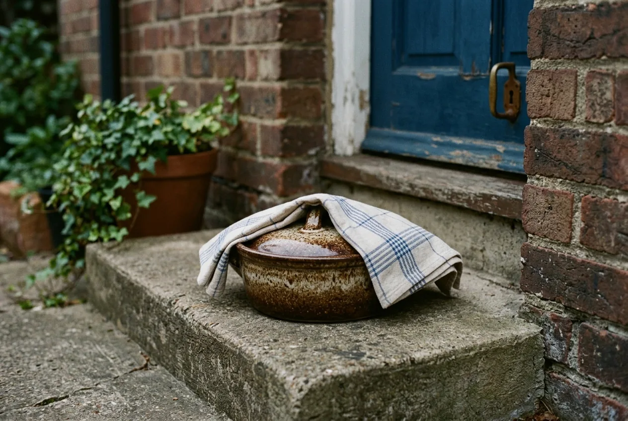 A covered dish left on a front step in early morning light