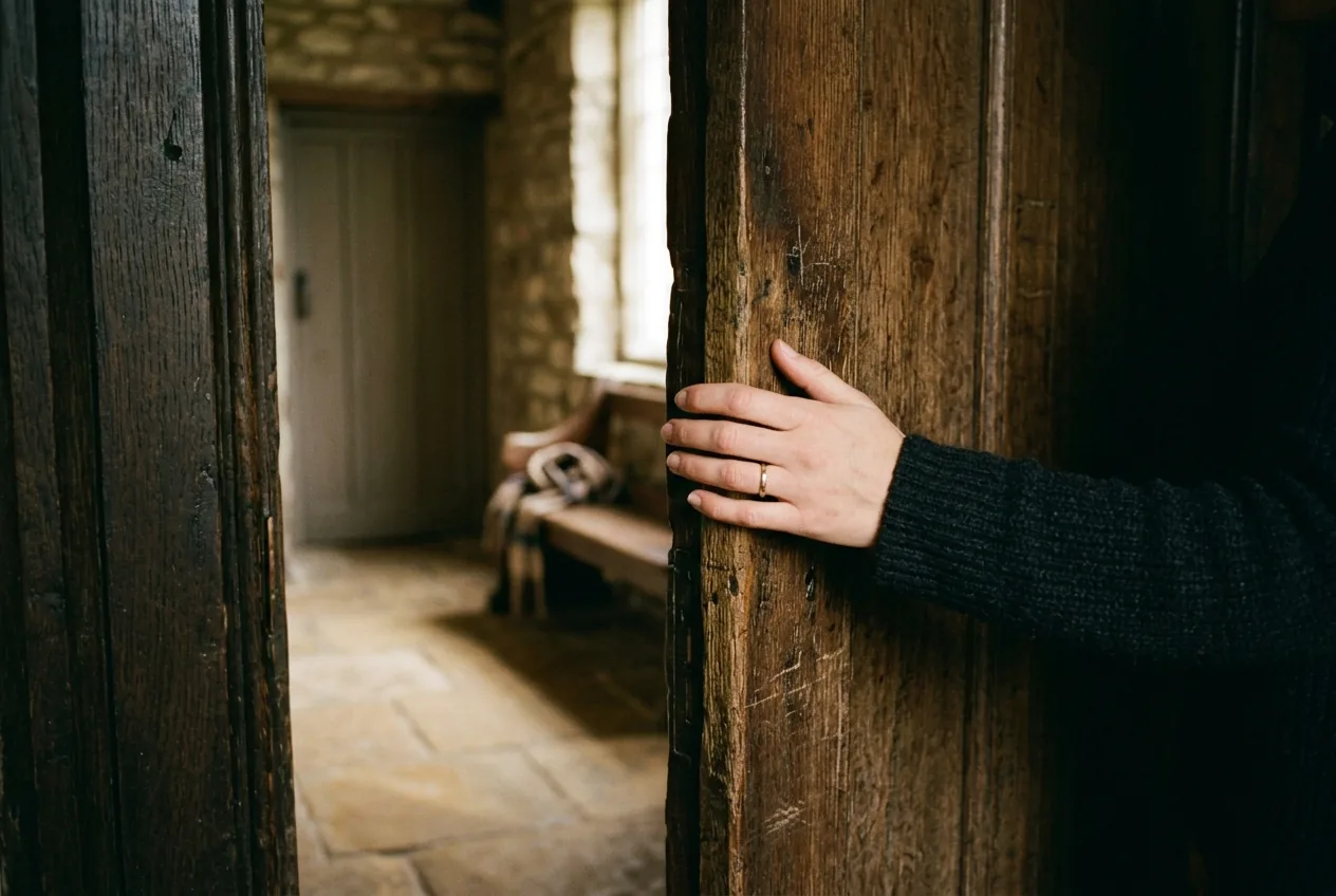 A hand reaching back to hold a door open
