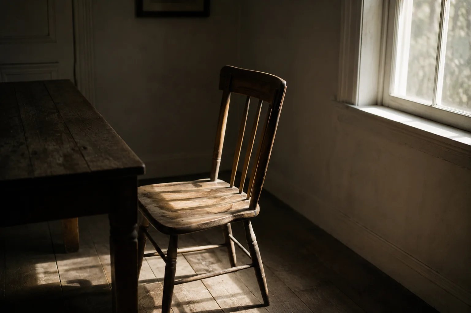 A single kitchen chair pulled out from a table in an empty room