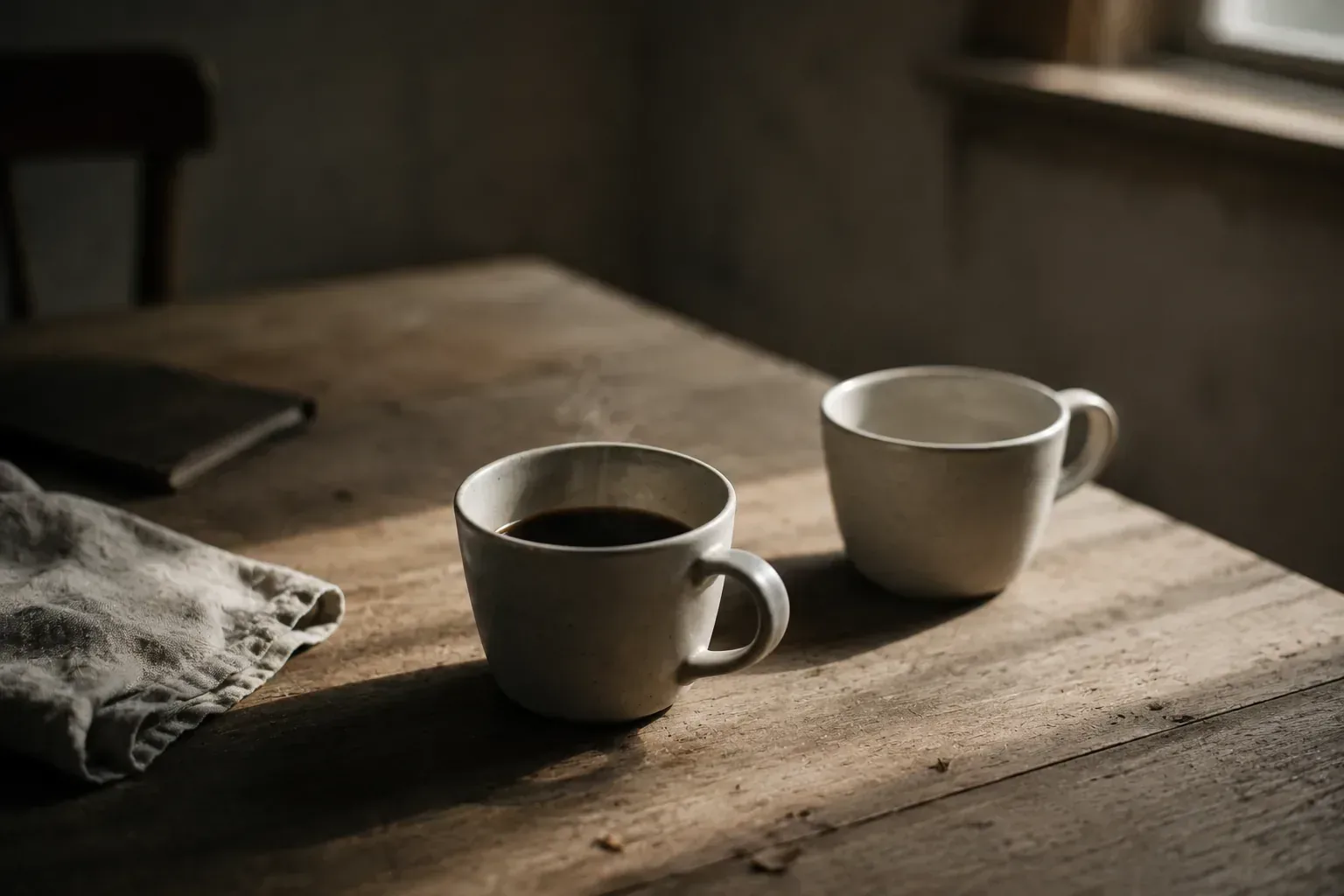 Two coffee cups on a table, one empty, one still full, no people