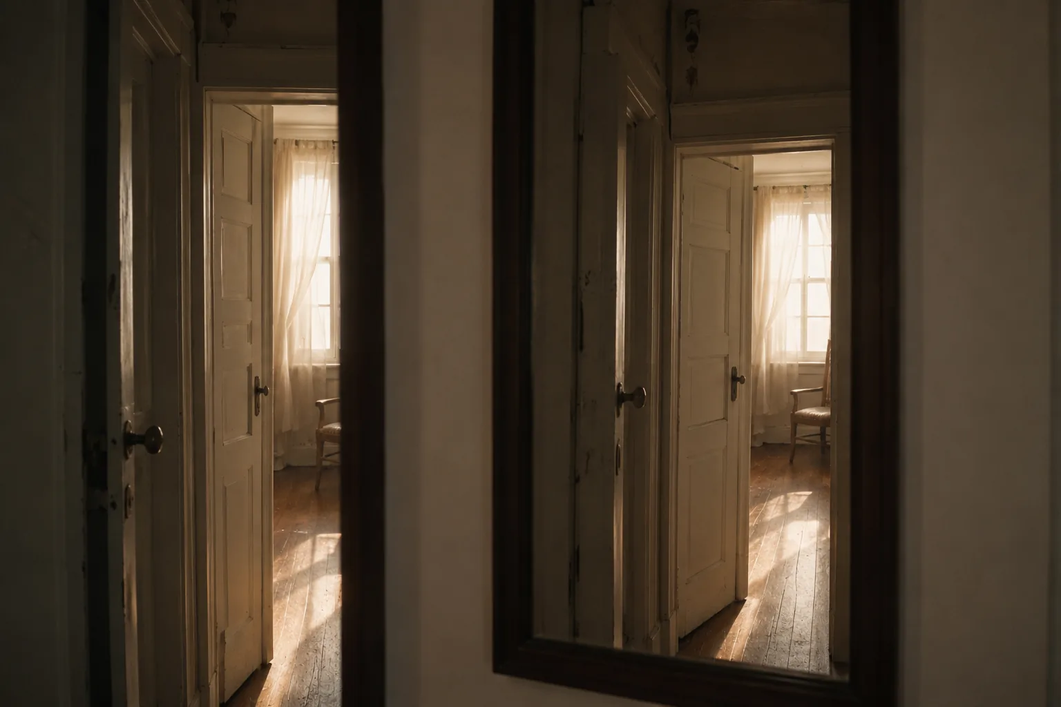 A narrow doorway seen twice in one frame, reflected in a mirror