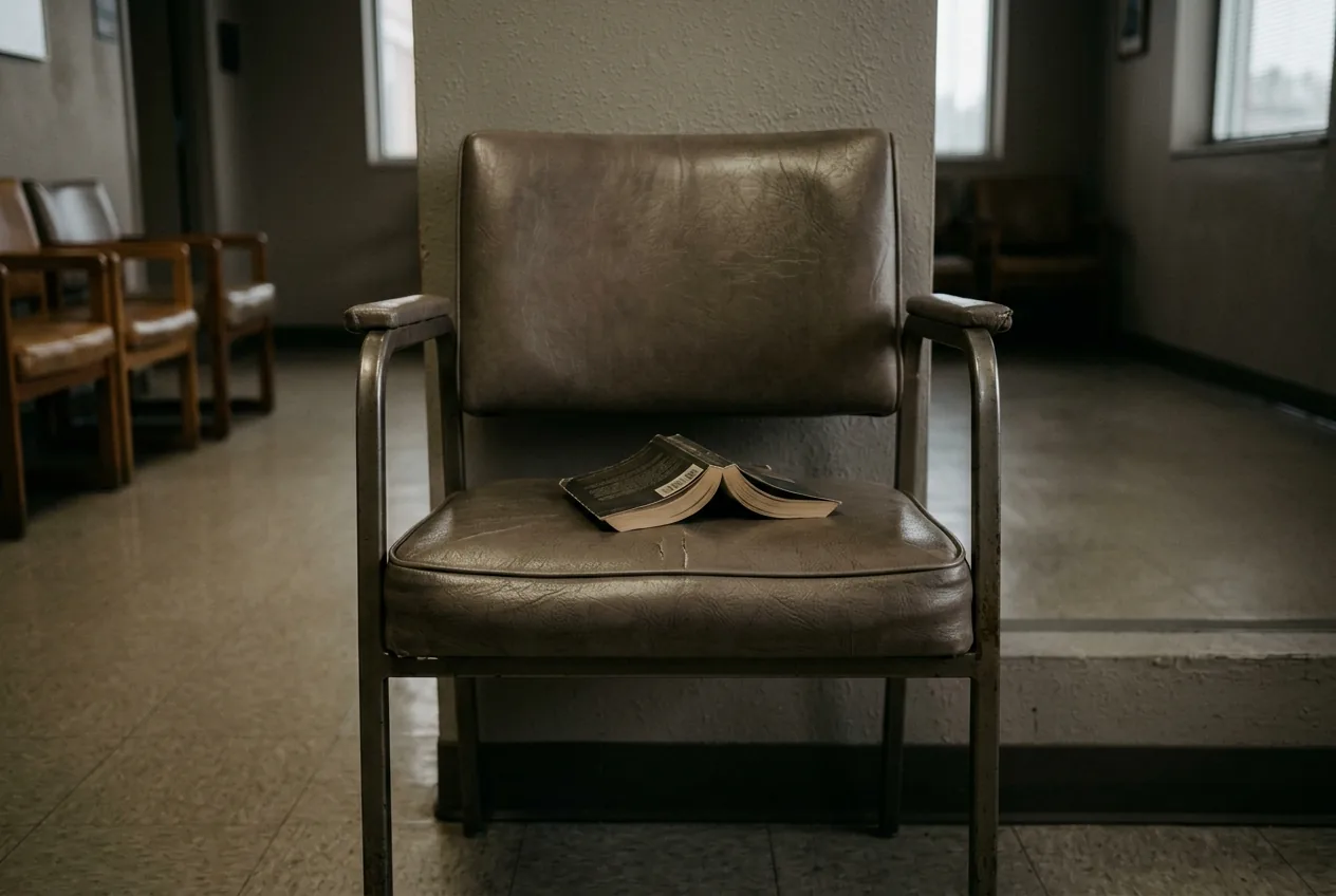 A waiting room chair with a paperback left face down on the seat