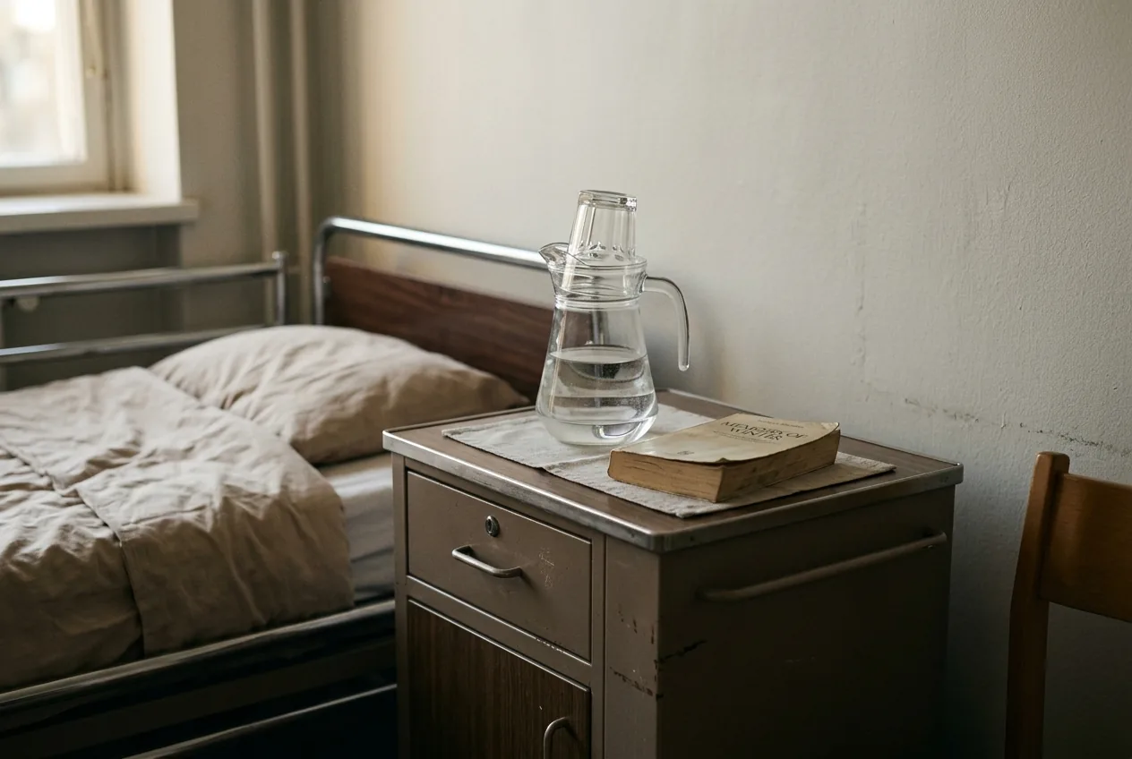 A bedside locker in a ward: a water jug, a book, nothing personal