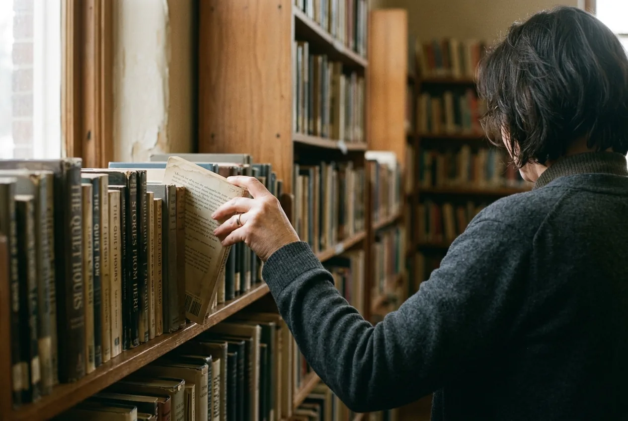 A hand placing a paperback onto a shelf, seen from behind, the person quietly leaving