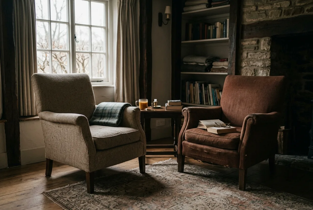 Two chairs turned slightly toward each other, neither occupied