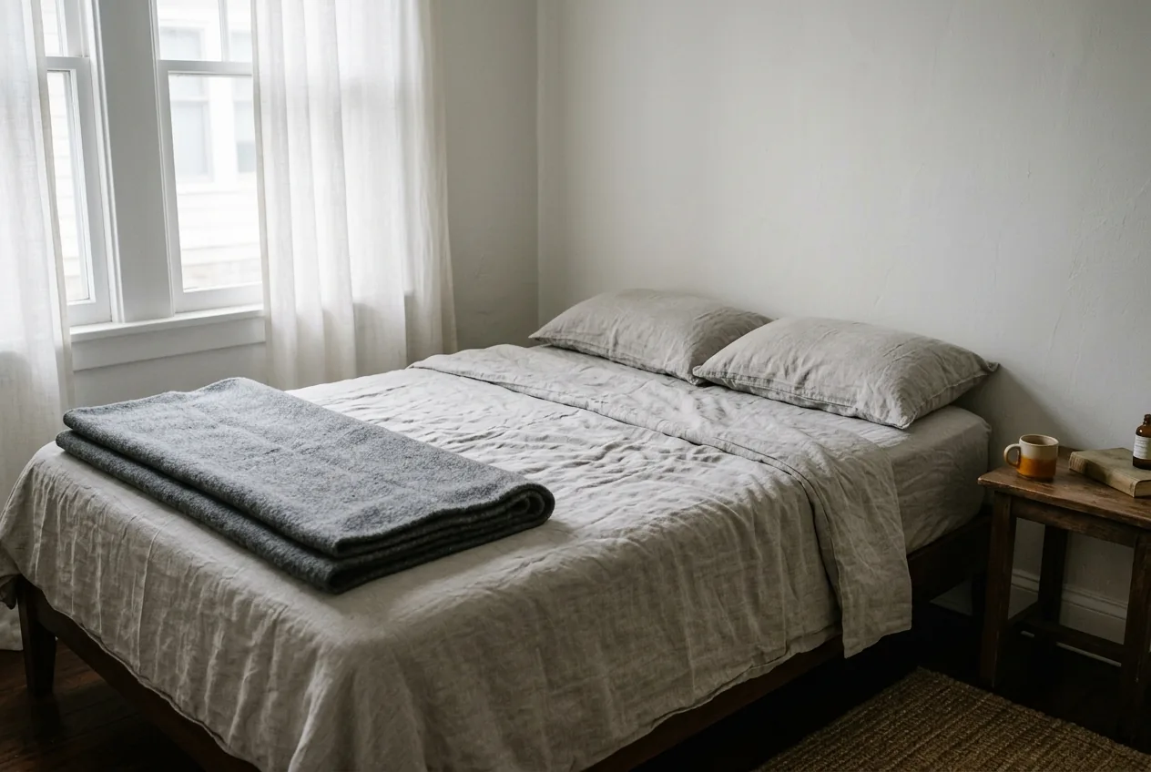 A made bed in a plain room in morning light