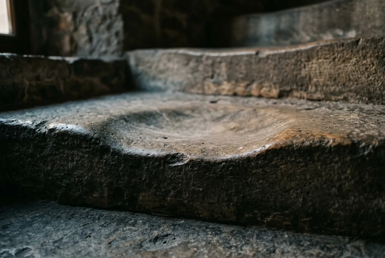 A worn limestone stair tread hollowed into a smooth dip by generations of ordinary footsteps