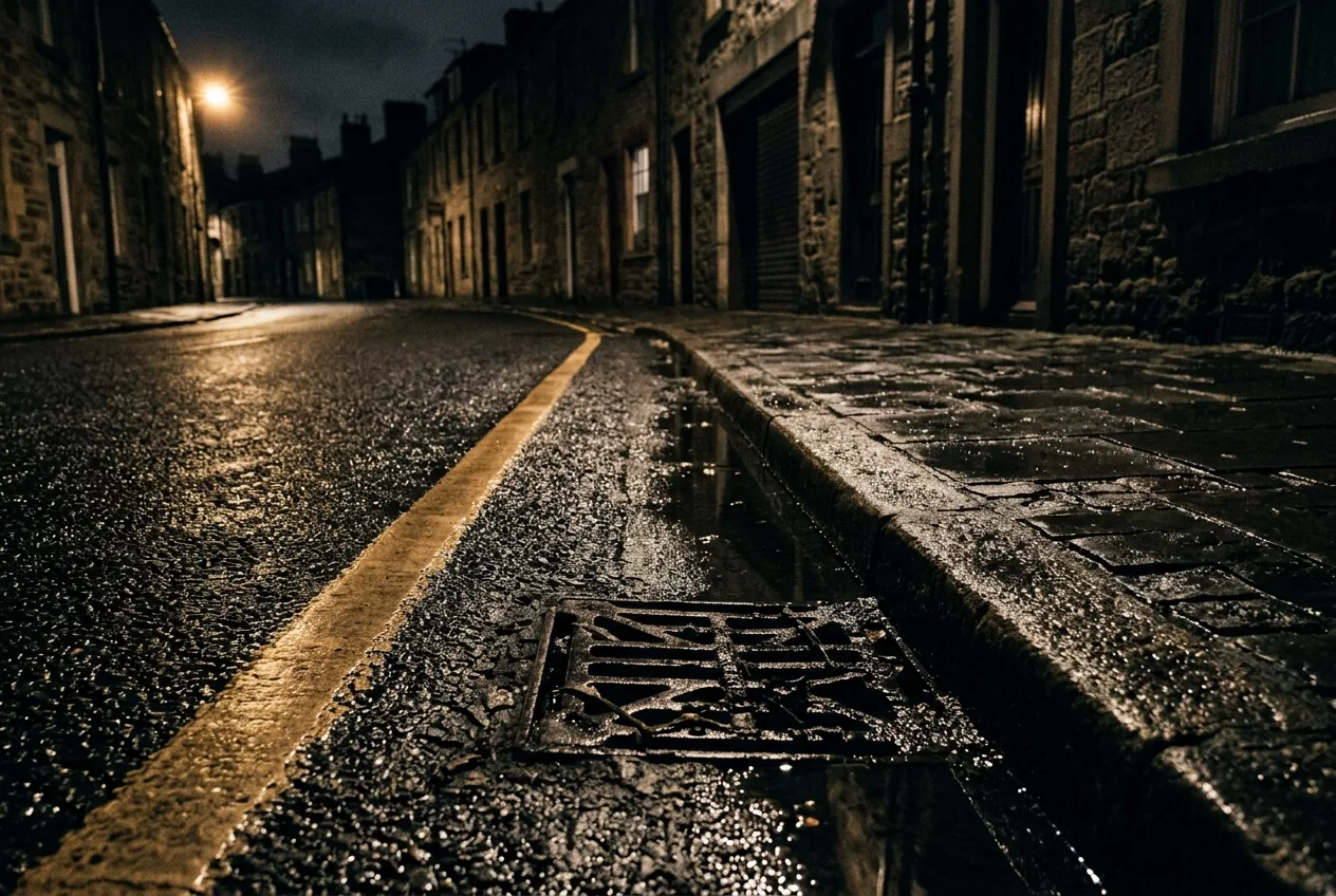 A kerb and drain at night, a streetlight stretched long across the wet road