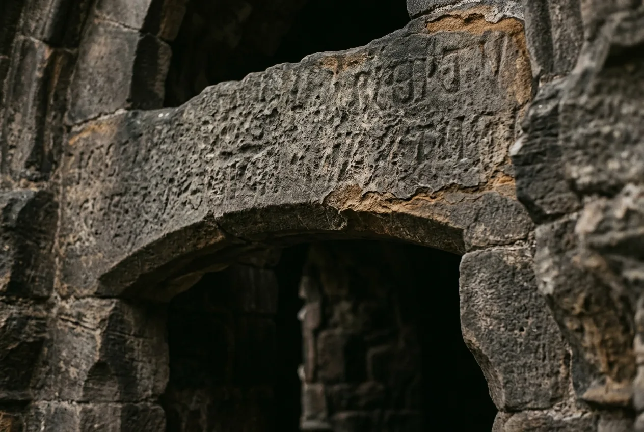 A stone lintel with an inscription worn past legibility