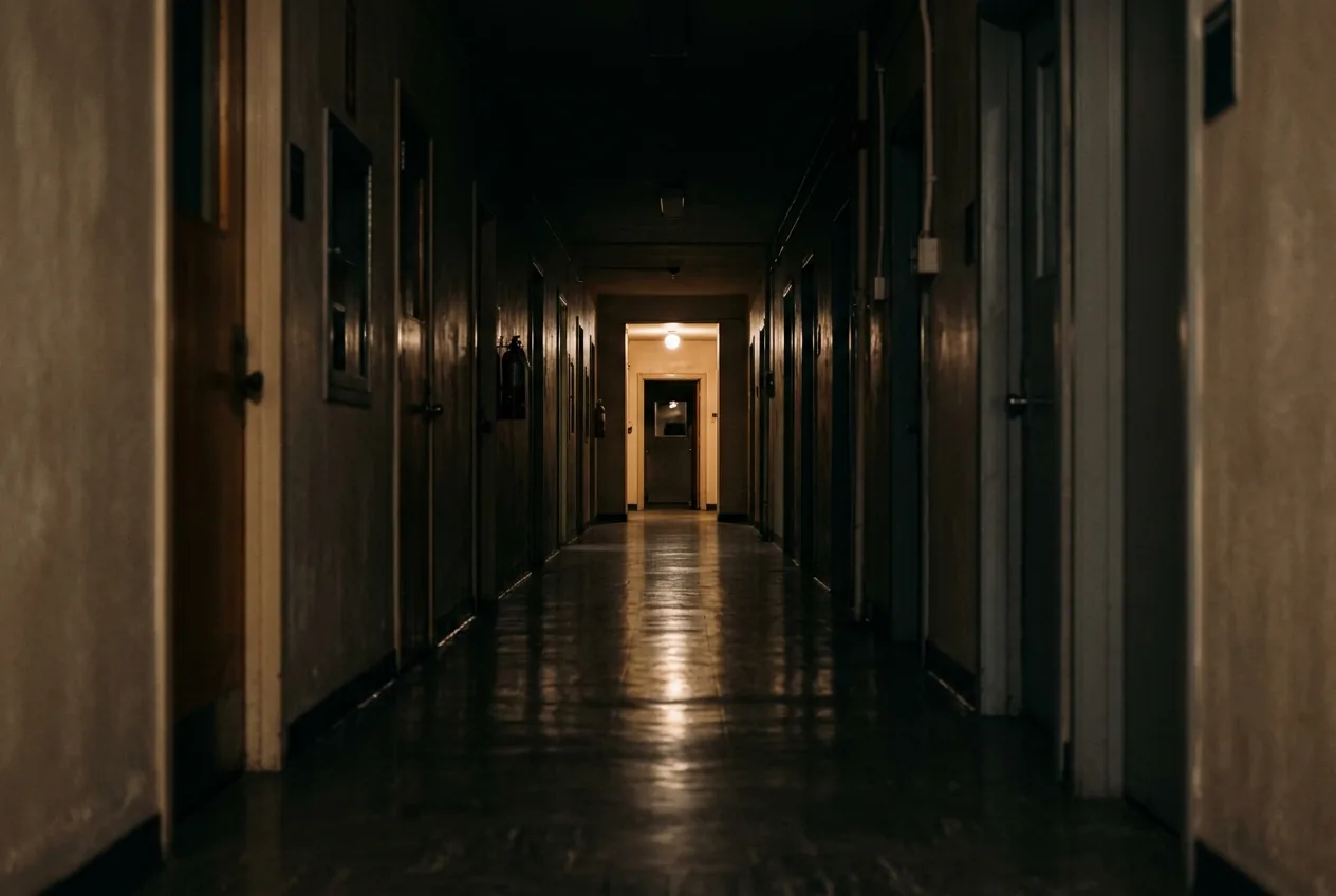 An empty hospital corridor at night with quiet light at the far end
