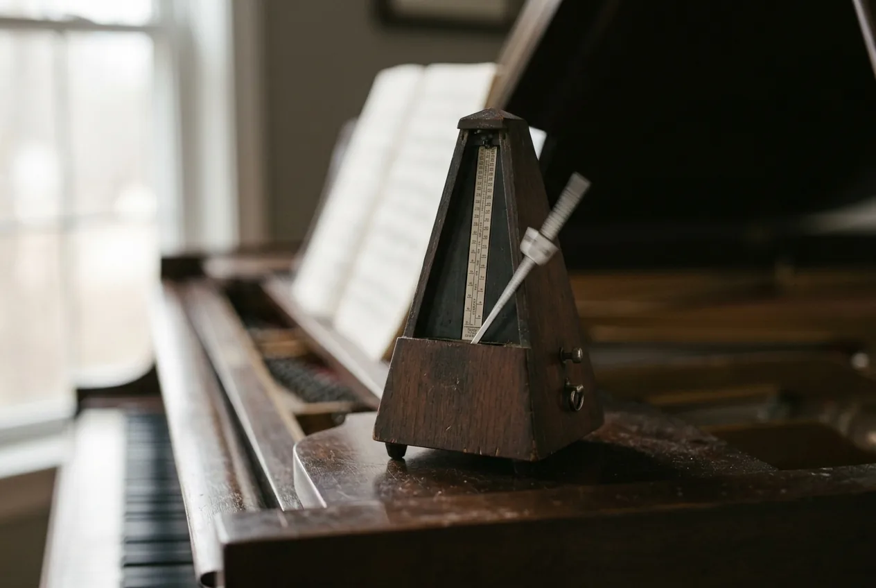 A metronome on a piano lid, its arm blurred mid swing