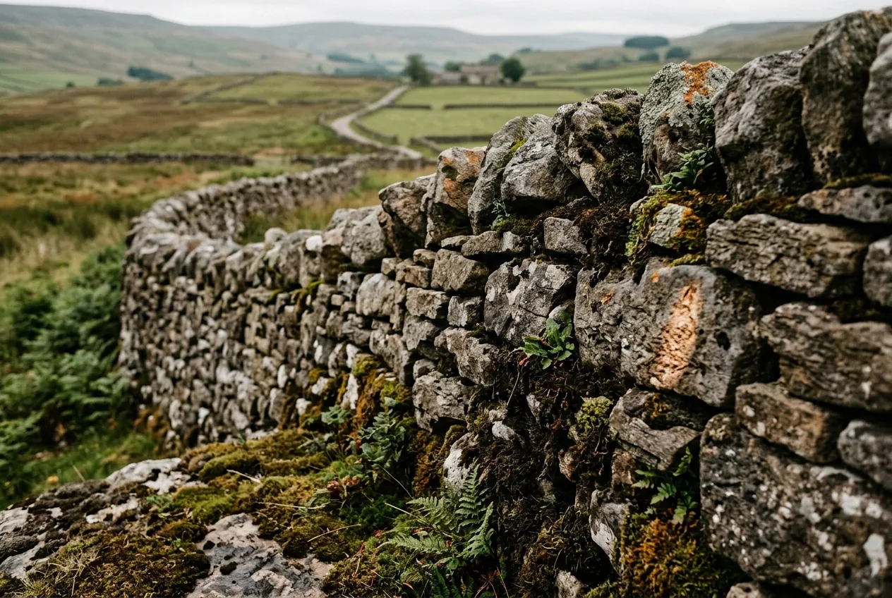 A dry stone wall, irregular stones fitted without mortar
